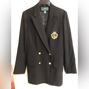 Ralph Lauren Double Breasted black wool blazer with gold buttons and insignia. 6